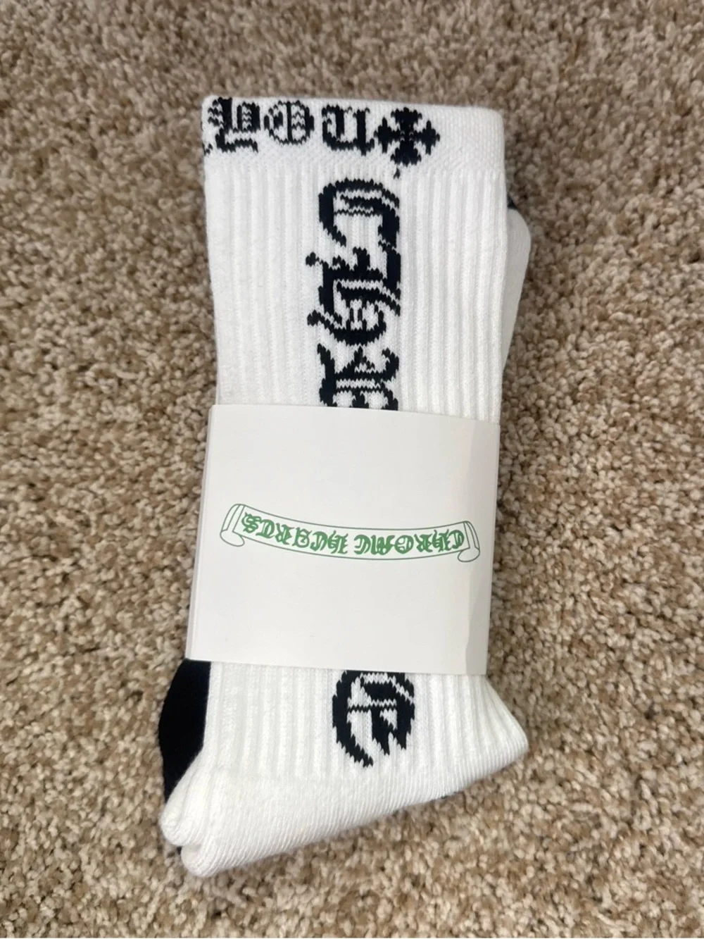 Chrome Hearts White Crew Socks with Black Accents and Logo